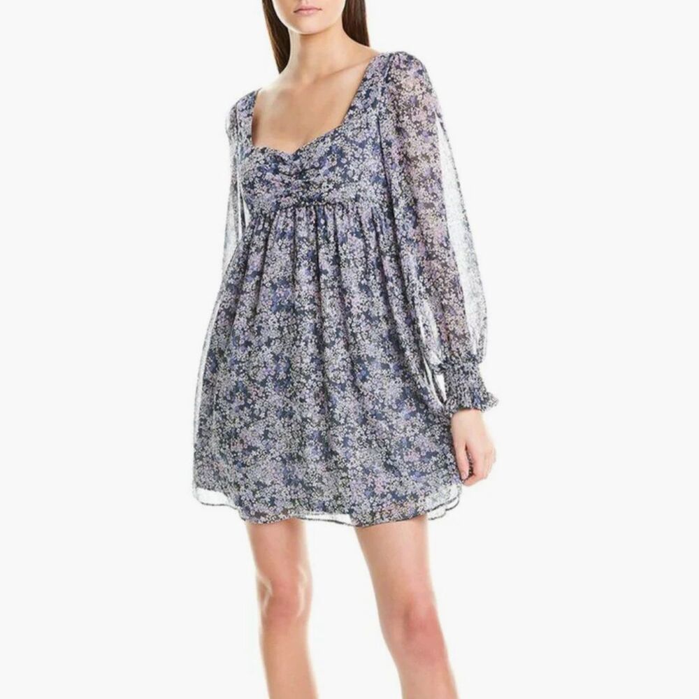 NWT BCBGeneration Puff Sheer Sleeve Floral Print Babydoll Mini Dress 6